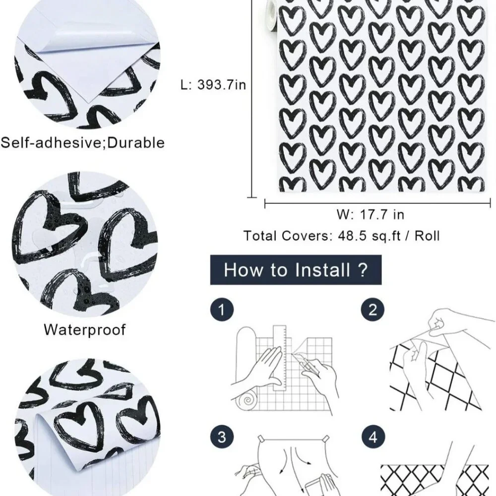 Black Heart Peel & Stick Wallpaper – White Modern Vinyl 17.7